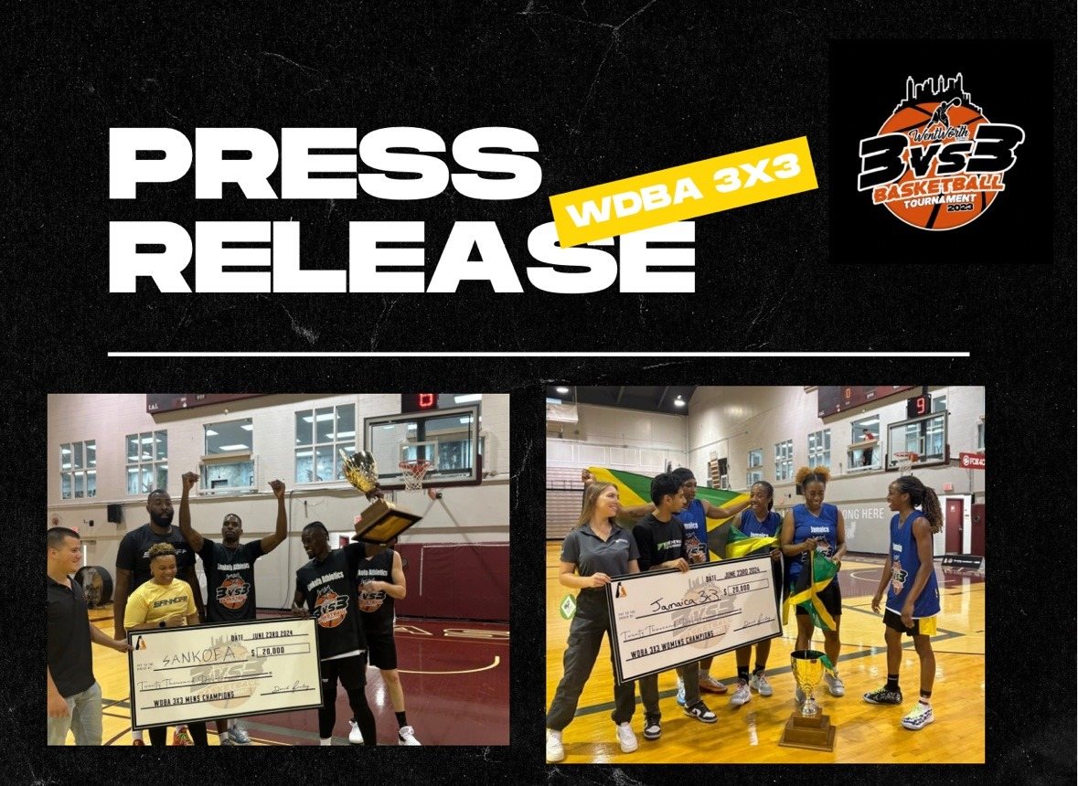 Cropped top of the WDBA 3x3 press release showing two cheque photos: Sankofa Athletics Men holding a $20,000 cheque and the Jamaican National Women holding their championship cheque with a trophy